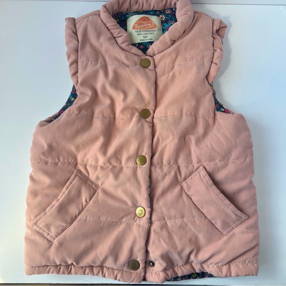 Mud Kingdom Girls Pink Puffer Vest Floral Lined Size 140 (8-10)